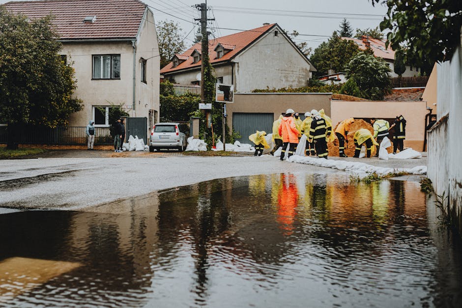 A black and white image showing two workers engaged in surface cleaning during a flood emergency, with one standing in floodwaters holding a cloth and the other crouched near a large industrial cleani